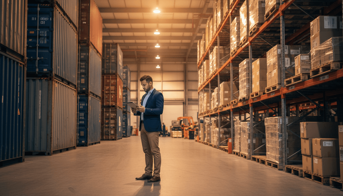 Professional reviewing logistics and supply chain documents in an organized warehouse facility