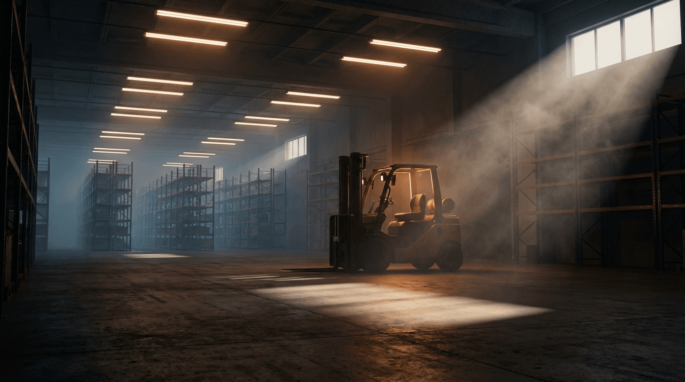 International warehouse with organized shipments and forklift operations