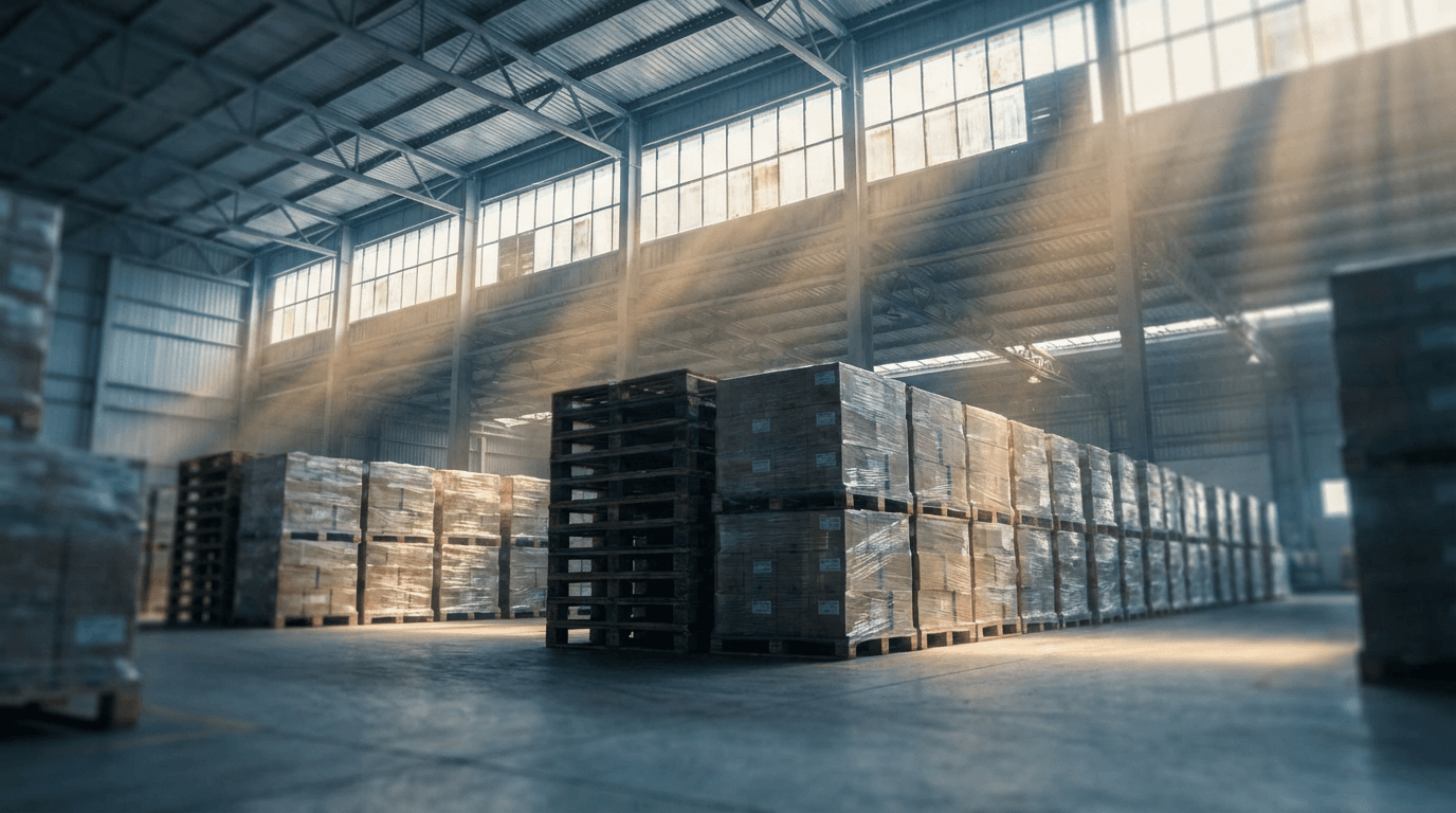 International warehouse with organized shipping containers and inventory management